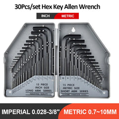 30Pcs Wrench Set Hex Key Allen Wrench 0.028"- 3/8" Inch & 0.7mm-10mm Metric Size Chromium-vanadium Steel Spanner Long Arm Tool