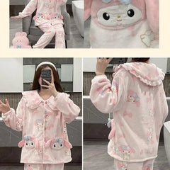 2Pcs Cinnamoroll Pajamas Suit Coral Fleece Soft Melody Cardigan Tops Pants Set Women Plush Sleepwear