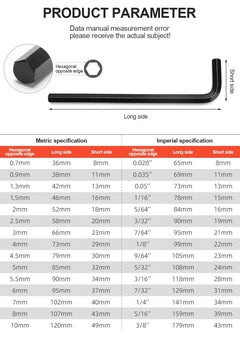 30Pcs Wrench Set Hex Key Allen Wrench 0.028"- 3/8" Inch & 0.7mm-10mm Metric Size Chromium-vanadium Steel Spanner Long Arm Tool