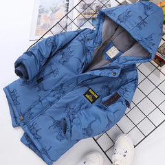 Autumn Winter Jacket For Boy Cartoon Dinosaur Hooded Plus Velvet Thicken Warm Boy Outerwear Coat 4-14 Year