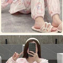 2Pcs Cinnamoroll Pajamas Suit Coral Fleece Soft Melody Cardigan Tops Pants Set Women Plush Sleepwear