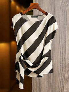Striped Printed Tops Loose Short Sleeve Blouse