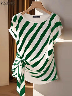 Striped Printed Tops Loose Short Sleeve Blouse