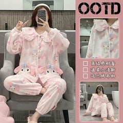 2Pcs Cinnamoroll Pajamas Suit Coral Fleece Soft Melody Cardigan Tops Pants Set Women Plush Sleepwear