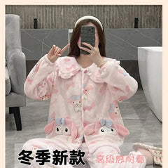 2Pcs Cinnamoroll Pajamas Suit Coral Fleece Soft Melody Cardigan Tops Pants Set Women Plush Sleepwear