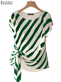 Striped Printed Tops Loose Short Sleeve Blouse