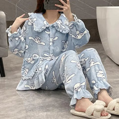 2Pcs Cinnamoroll Pajamas Suit Coral Fleece Soft Melody Cardigan Tops Pants Set Women Plush Sleepwear