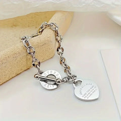 1pc Stainless Steel Bracelet With Heart Pendant, Double Heart OT Buckle Couple Bracelet Unisex