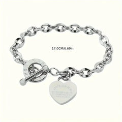 1pc Stainless Steel Bracelet With Heart Pendant, Double Heart OT Buckle Couple Bracelet Unisex