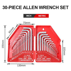 30Pcs Wrench Set Hex Key Allen Wrench 0.028"- 3/8" Inch & 0.7mm-10mm Metric Size Chromium-vanadium Steel Spanner Long Arm Tool