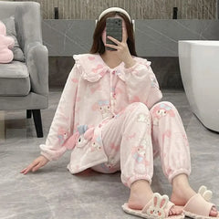 2Pcs Cinnamoroll Pajamas Suit Coral Fleece Soft Melody Cardigan Tops Pants Set Women Plush Sleepwear