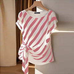 Striped Printed Tops Loose Short Sleeve Blouse