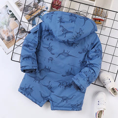 Autumn Winter Jacket For Boy Cartoon Dinosaur Hooded Plus Velvet Thicken Warm Boy Outerwear Coat 4-14 Year