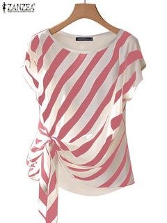 Striped Printed Tops Loose Short Sleeve Blouse