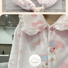 2Pcs Cinnamoroll Pajamas Suit Coral Fleece Soft Melody Cardigan Tops Pants Set Women Plush Sleepwear