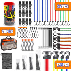 28pcs/32pcs/129pcs Bungee Cords Assortment Jar Includes Multiple lengths of Bungee Cord With Hooks,Trap Ball Ties And Tarp Clips