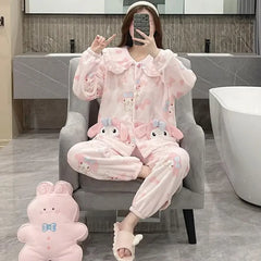 2Pcs Cinnamoroll Pajamas Suit Coral Fleece Soft Melody Cardigan Tops Pants Set Women Plush Sleepwear