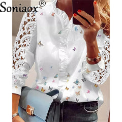 2022 Autumn Fashion Butterfly Print Women Blouses Lace Long Sleeve Ruffle V-Neck Blouse Shirt Casual Tee Tops Elegant Work Shirt