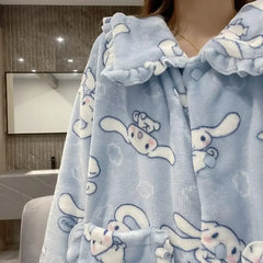 2Pcs Cinnamoroll Pajamas Suit Coral Fleece Soft Melody Cardigan Tops Pants Set Women Plush Sleepwear