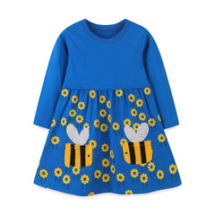 2-7T Bee Embroidery Girls Dresses Floral Children's Clothing Long Sleeve