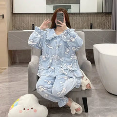 2Pcs Cinnamoroll Pajamas Suit Coral Fleece Soft Melody Cardigan Tops Pants Set Women Plush Sleepwear