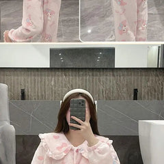 2Pcs Cinnamoroll Pajamas Suit Coral Fleece Soft Melody Cardigan Tops Pants Set Women Plush Sleepwear