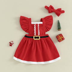 6M-4T Toddler Girls Christmas Dress Ruffle Sleeve Belt Front Dress with Headband Baby Santa Outfit