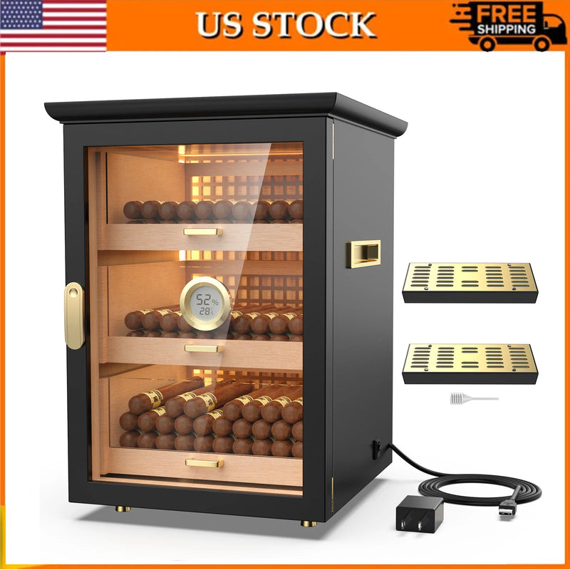 USB Cigar Humidor 3 Shelves,  with LED Light, Spanish Cedar Wood Inner Shelves, Accurate Hygrometer, Humidifier