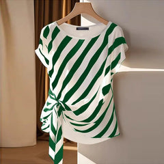 Striped Printed Tops Loose Short Sleeve Blouse