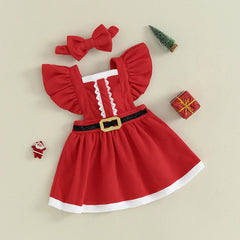 6M-4T Toddler Girls Christmas Dress Ruffle Sleeve Belt Front Dress with Headband Baby Santa Outfit