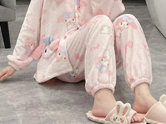 2Pcs Cinnamoroll Pajamas Suit Coral Fleece Soft Melody Cardigan Tops Pants Set Women Plush Sleepwear