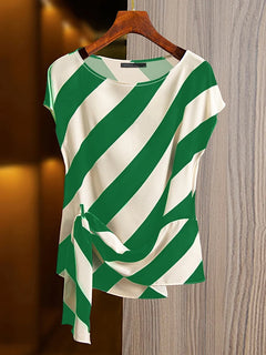 Striped Printed Tops Loose Short Sleeve Blouse