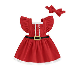 6M-4T Toddler Girls Christmas Dress Ruffle Sleeve Belt Front Dress with Headband Baby Santa Outfit