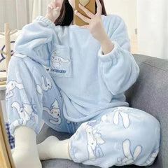 2Pcs Cinnamoroll Pajamas Suit Coral Fleece Soft Melody Cardigan Tops Pants Set Women Plush Sleepwear