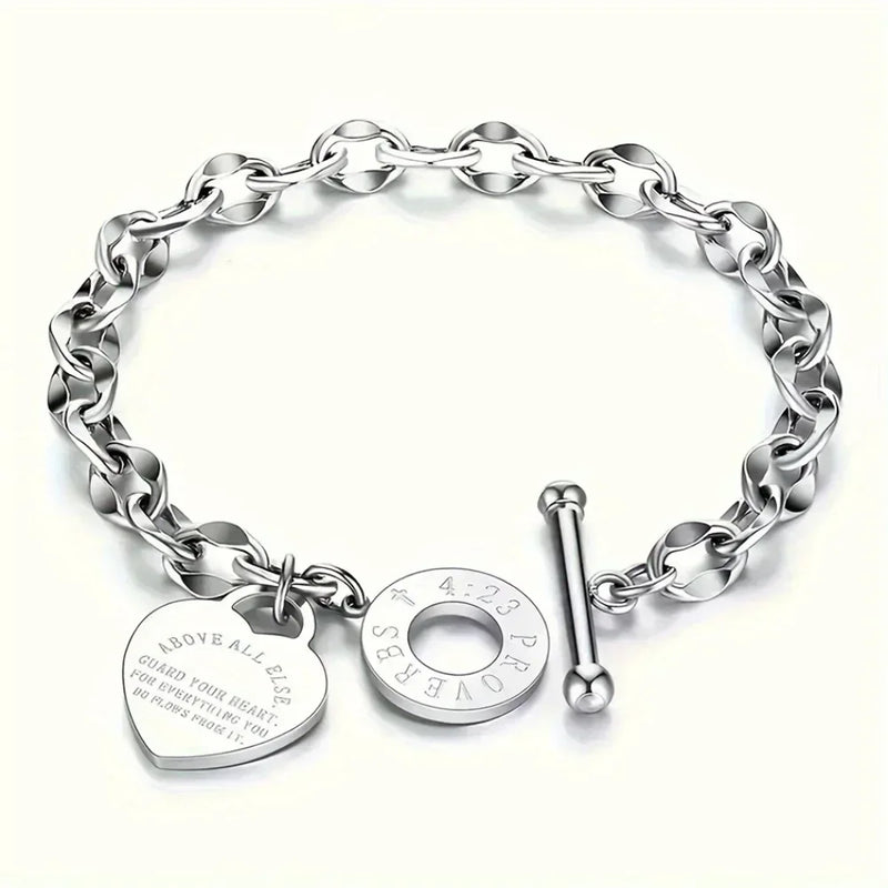 1pc Stainless Steel Bracelet With Heart Pendant, Double Heart OT Buckle Couple Bracelet Unisex