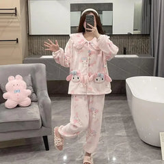 2Pcs Cinnamoroll Pajamas Suit Coral Fleece Soft Melody Cardigan Tops Pants Set Women Plush Sleepwear