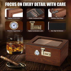 Cigar Humidor Cedar Wood Humidor Cigar Box Glass Top Desktop Humidor with Front Hygrometer Humidifier Divider Accessories Drawer