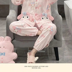 2Pcs Cinnamoroll Pajamas Suit Coral Fleece Soft Melody Cardigan Tops Pants Set Women Plush Sleepwear