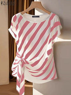 Striped Printed Tops Loose Short Sleeve Blouse