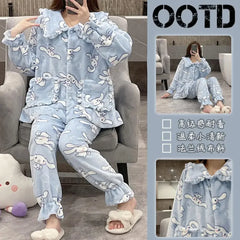 2Pcs Cinnamoroll Pajamas Suit Coral Fleece Soft Melody Cardigan Tops Pants Set Women Plush Sleepwear