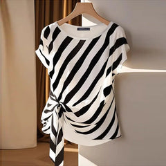 Striped Printed Tops Loose Short Sleeve Blouse