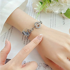 1pc Stainless Steel Bracelet With Heart Pendant, Double Heart OT Buckle Couple Bracelet Unisex