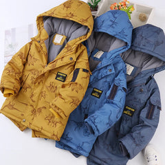 Autumn Winter Jacket For Boy Cartoon Dinosaur Hooded Plus Velvet Thicken Warm Boy Outerwear Coat 4-14 Year