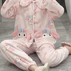 2Pcs Cinnamoroll Pajamas Suit Coral Fleece Soft Melody Cardigan Tops Pants Set Women Plush Sleepwear