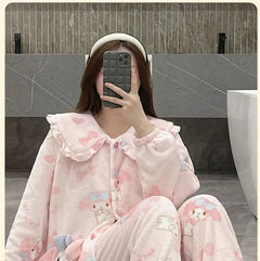 2Pcs Cinnamoroll Pajamas Suit Coral Fleece Soft Melody Cardigan Tops Pants Set Women Plush Sleepwear