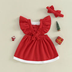 6M-4T Toddler Girls Christmas Dress Ruffle Sleeve Belt Front Dress with Headband Baby Santa Outfit