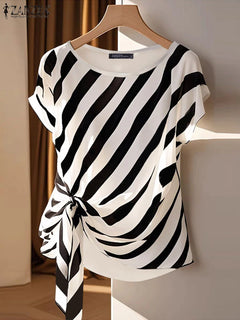 Striped Printed Tops Loose Short Sleeve Blouse