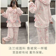 2Pcs Cinnamoroll Pajamas Suit Coral Fleece Soft Melody Cardigan Tops Pants Set Women Plush Sleepwear