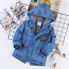 Autumn Winter Jacket For Boy Cartoon Dinosaur Hooded Plus Velvet Thicken Warm Boy Outerwear Coat 4-14 Year