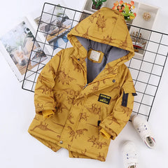 Autumn Winter Jacket For Boy Cartoon Dinosaur Hooded Plus Velvet Thicken Warm Boy Outerwear Coat 4-14 Year